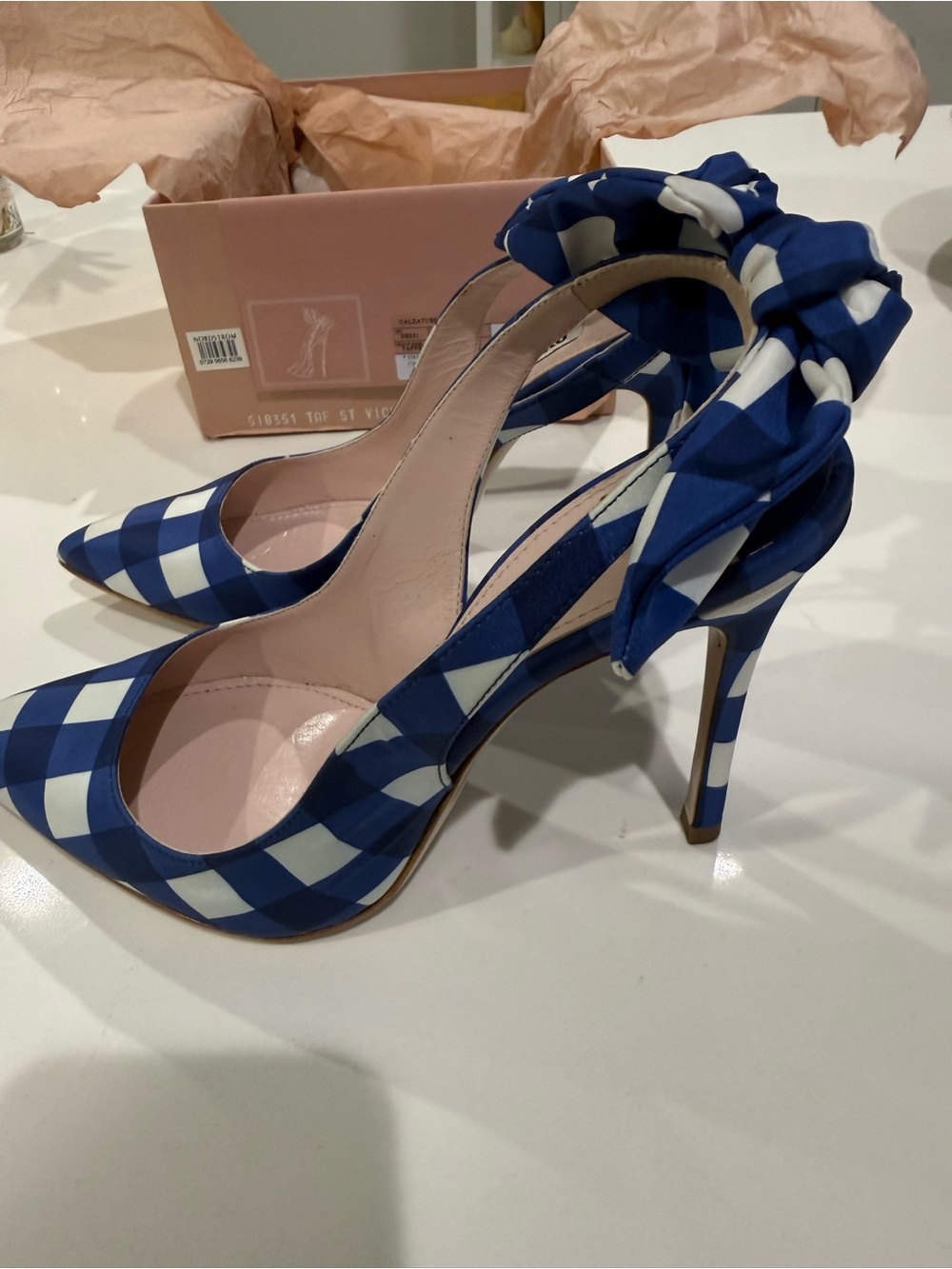 Miu Miu Blue and White Gingham Bow Slingback Pumps - Picture 4 of 6